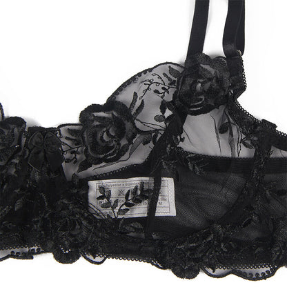 SUBBLIME - 3-TEILIGES SET BH + STRING + STRUMPFBAND BLUMENPRINT SCHWARZ L/XL