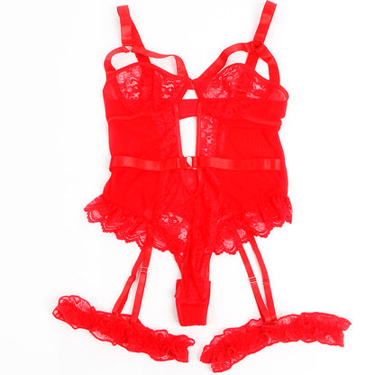 SUBBLIME - TEDDY MIT STRUMPFBAND MIT SPITZENDETAIL UND STREIFEN ROT L/XL
