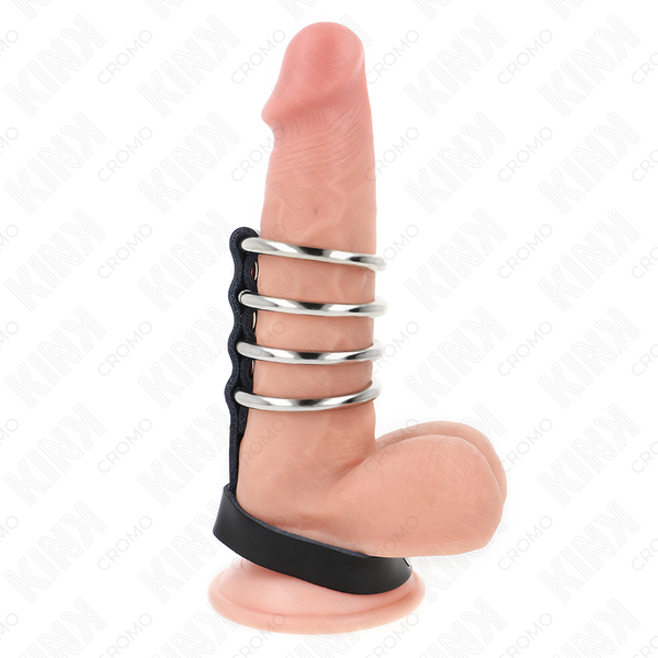 KINK - 4 METALL PENISRINGE 3,8 CM VERBUNDEN MIT LEDERBAND 22 X 1,5 CM UND DRUCKVERSCHLUSS