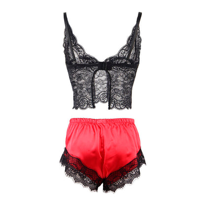 SUBBLIME - 953966 LÄSSIGE SEIDE NACHTHEMD + SPITZENHOSE SCHWARZ/ROT L/XL