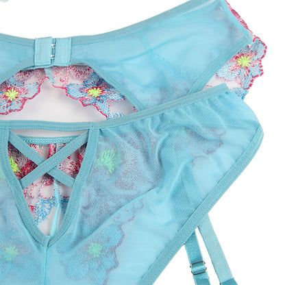 SUBBLIME - 954116 BH + HÖSCHEN MIT STRUMPFGÜRTEL BLUMENDESIGN BLAU L/XL