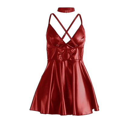 SUBBLIME - 955397 KLEID MIT BURGUNDERROTEN LEDERTRÄGERN S/M