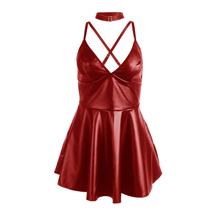 SUBBLIME - 955397 KLEID MIT BURGUNDERROTEN LEDERTRÄGERN S/M