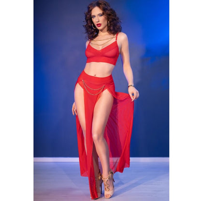 CHILIROSE - CR 4850 ROTES TOP UND LEGGINGS SET MIT GOLDENEN ACCESSOIRES M