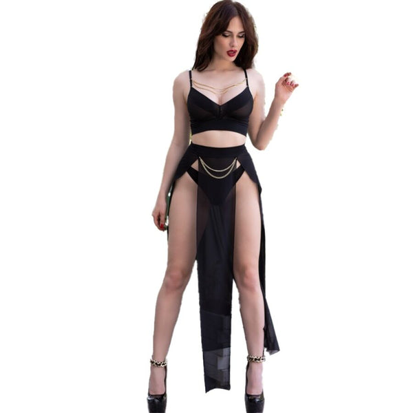 CHILIROSE - CR 4672 SCHWARZER TOP-ROCK UND TANGA MIT GOLDENEN KETTEN L
