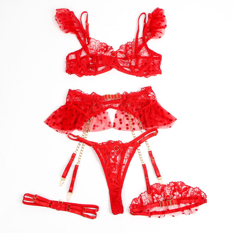 SUBBLIME - 957506 SPITZEN-BH UND STRUMPFBAND-SET ROT S/M