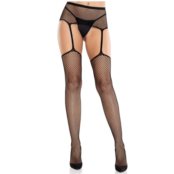 LEG AVENUE - SPITZENSTRÜMPFE MIT KREUZ UND STRUMPFGÜRTEL SCHWARZ
