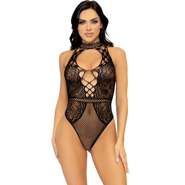 LEG AVENUE - NETZ- UND SPITZEN-SCHLÜSSELLOCH-HALTER-BODYS, EINHEITSGRÖSSE
