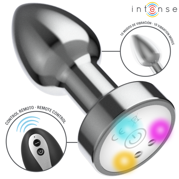 INTENSE - VIBRIERENDER ANALPLUG AUS METALL MIT LED-LEUCHTEN UND FERNBEDIENUNG - GRÖSSE M