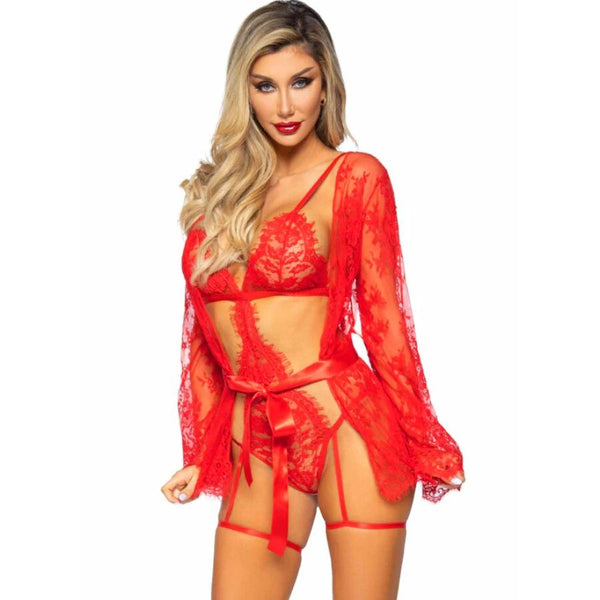LEG AVENUE - 86123 TEDDY- UND STRUMPFBAND-BADEMANTEL-SET, ROT, GRÖSSE S